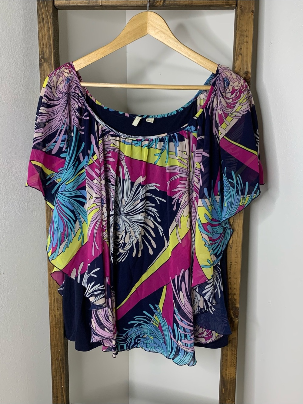 Cato Women’s Navy Floral Off-Shoulder Top - Multicolor Summer Blouse Size L